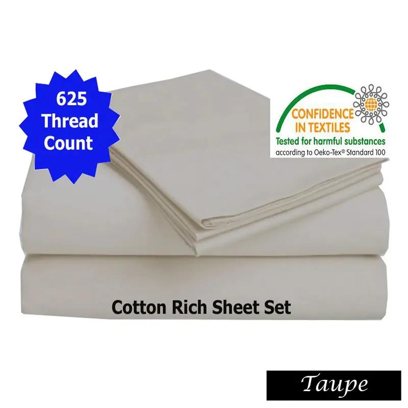 Accessorize 625Tc Taupe Cotton-Rich Sheet Set – Queen Size Bed Linens 1