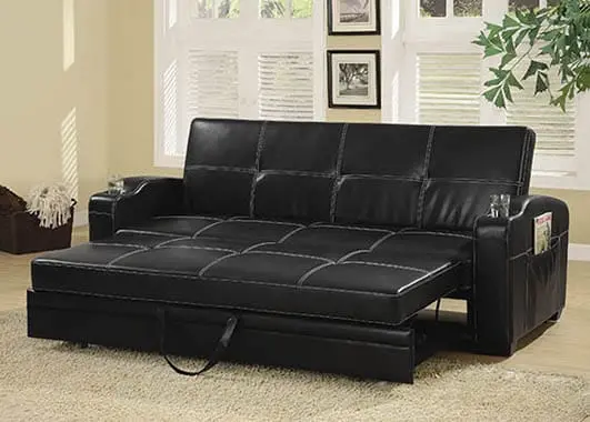 Avril Black Upholstered Sleeper Sofa With Integrated Cup Holders – Space-Saving Futon Style 1