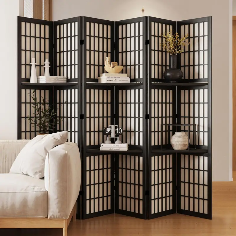 Japanese-Inspired Shoji-Style Room Divider – 66.9" Tall, 6-Panel Black Wood Screen With Dual Hinges 1