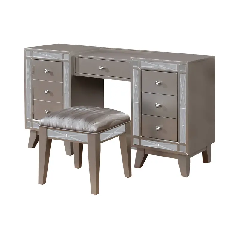 Leighton Metallic Mercury Vanity Desk And Matching Stool With Etched Mirror Detailing 1