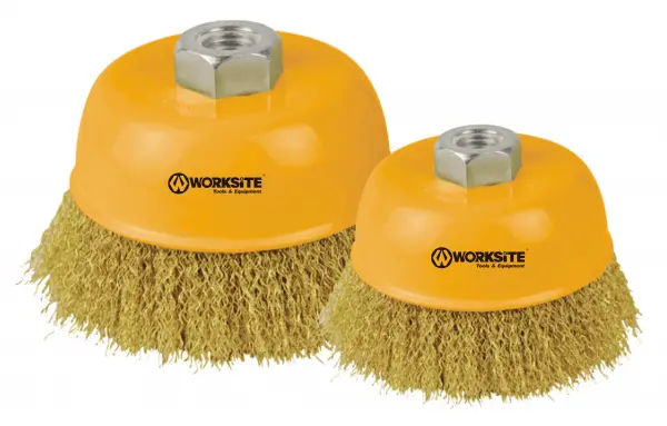 Worksite 100 Mm M14 Crimped Wire Cup Brush – Brass-Coated, Hex Shank, Ideal For Rust, Paint & Weld Scale Removal (Wcb075) 1